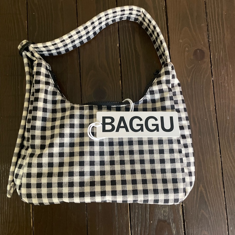 BAGGU Black & White Gingham Mini Nylon shoulder Bag
